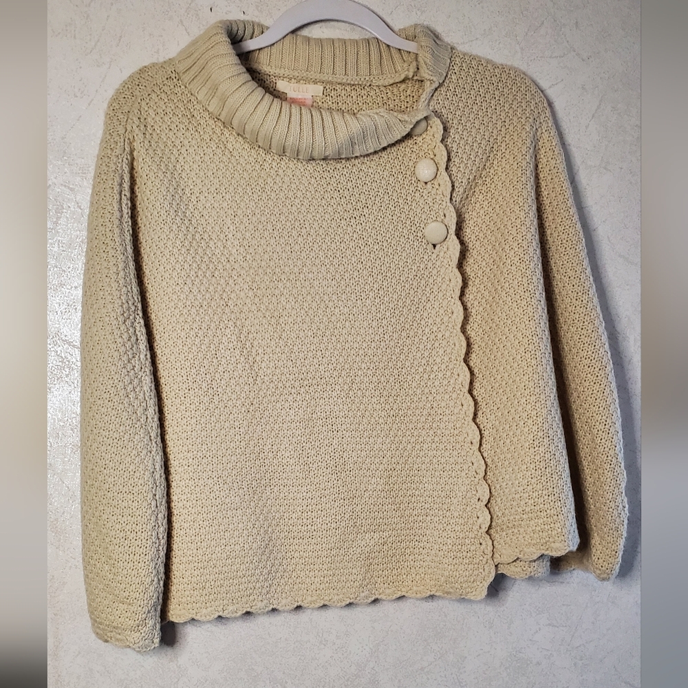 Tulle Cream Cowl Neck Shrug Sweater  with Scalloped Edge.